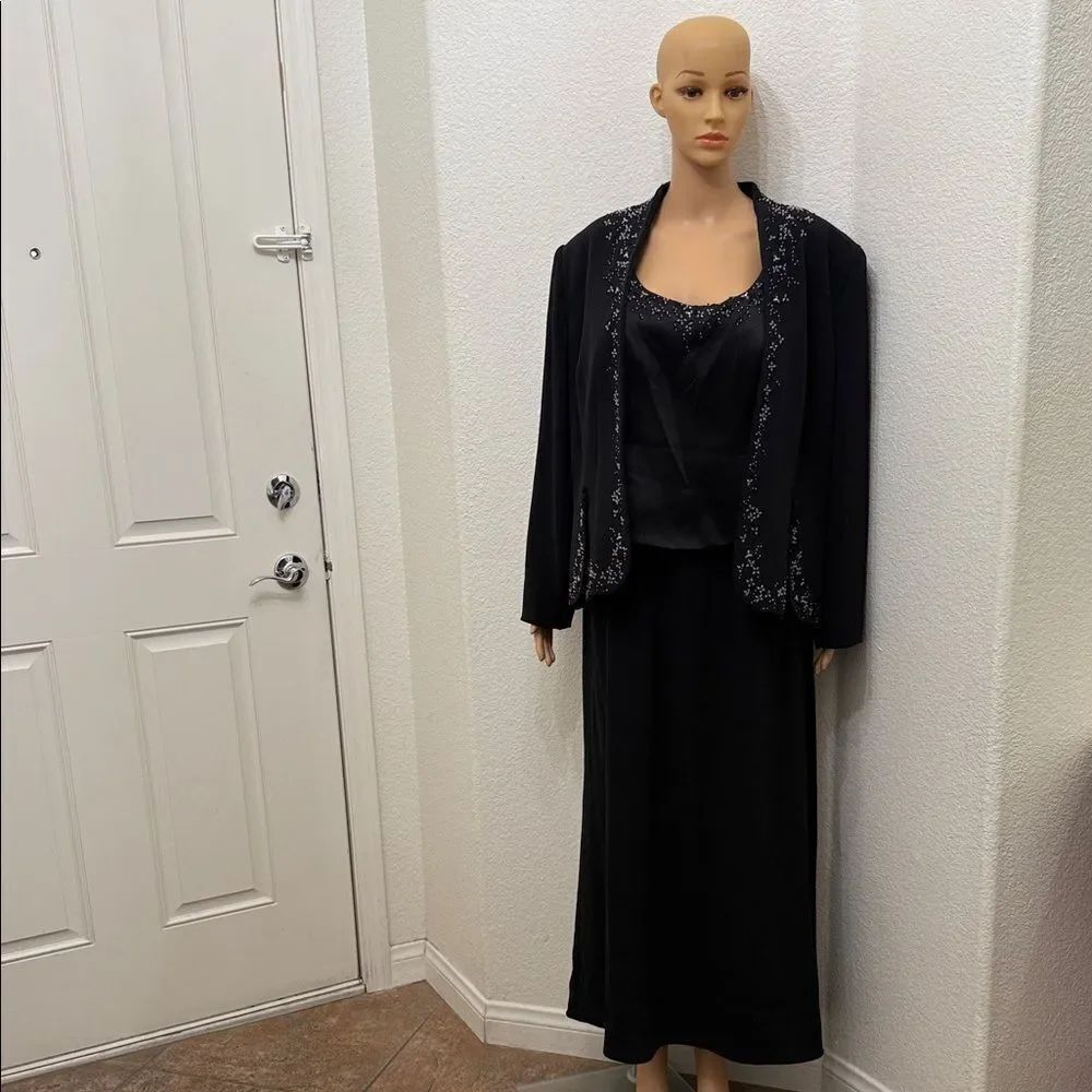 Montage by Mon Cheri Black Maxi Skirt & Jacket Set Silver Black Beaded Sz 18